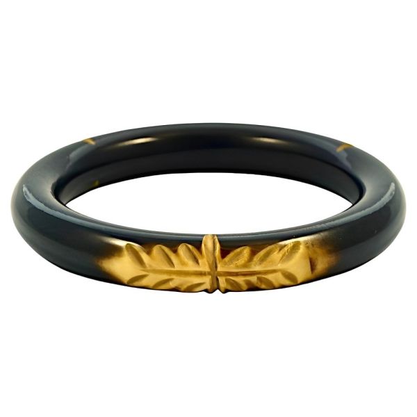 Art Deco Black Marbled Yellow Carved Leaves Bakelite Bangle