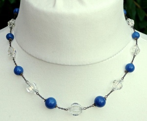 Art Deco Blue and Clear Crystal Bead Necklace circa 1930s
