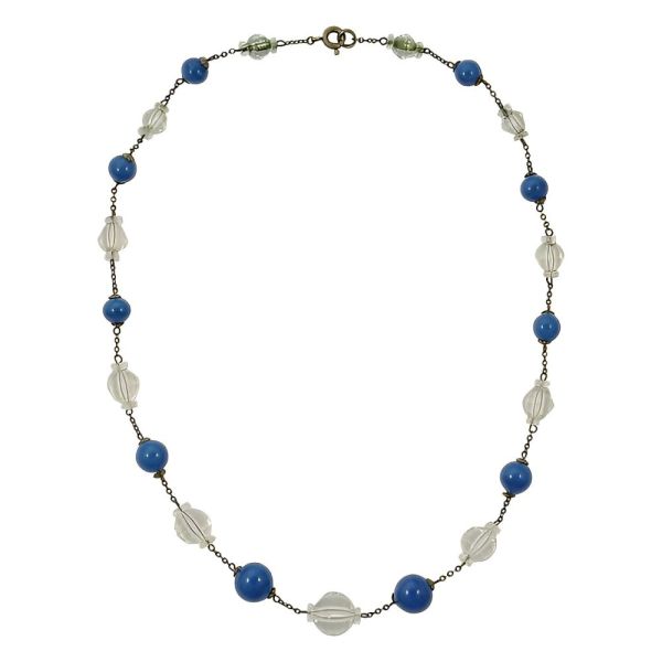Art Deco Blue and Clear Crystal Bead Necklace circa 1930s