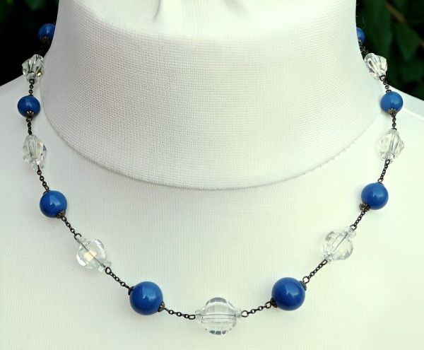 Art Deco Blue and Clear Crystal Bead Necklace circa 1930s