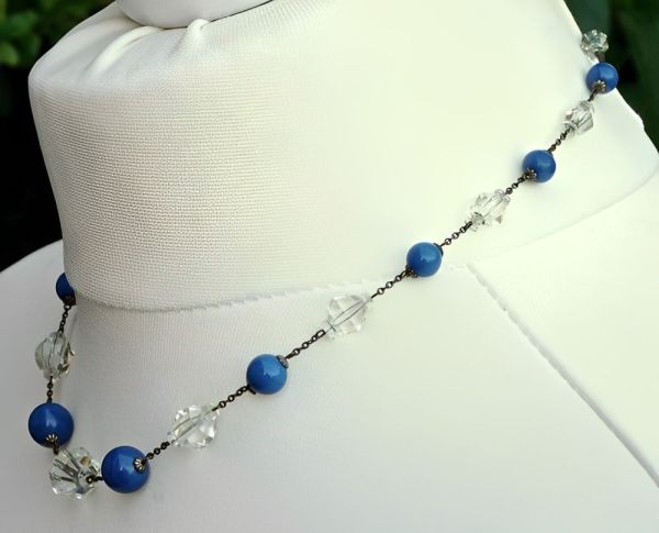 Art Deco Blue and Clear Crystal Bead Necklace circa 1930s