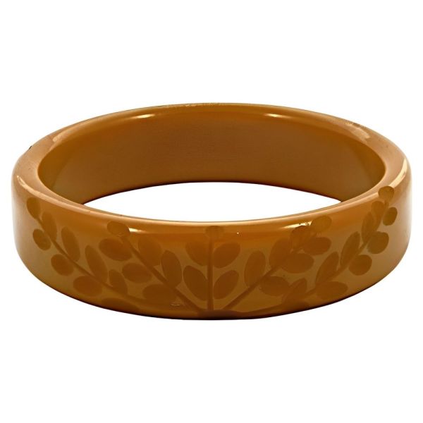 Art Deco Caramel Yellow Carved Leaves Bakelite Bangle