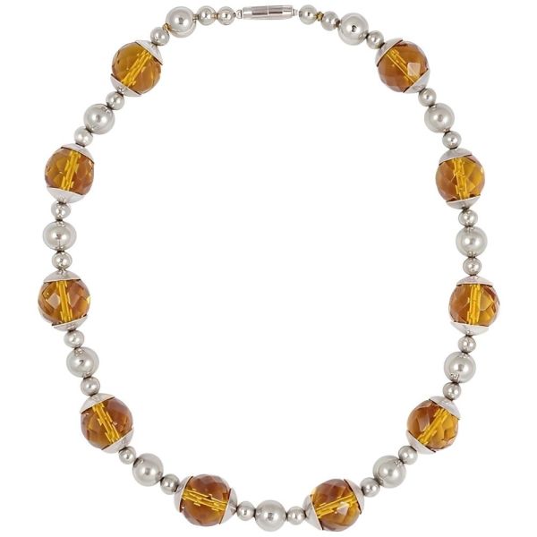 Art Deco Chrome and Amber Glass Bead Necklace circa 1930s