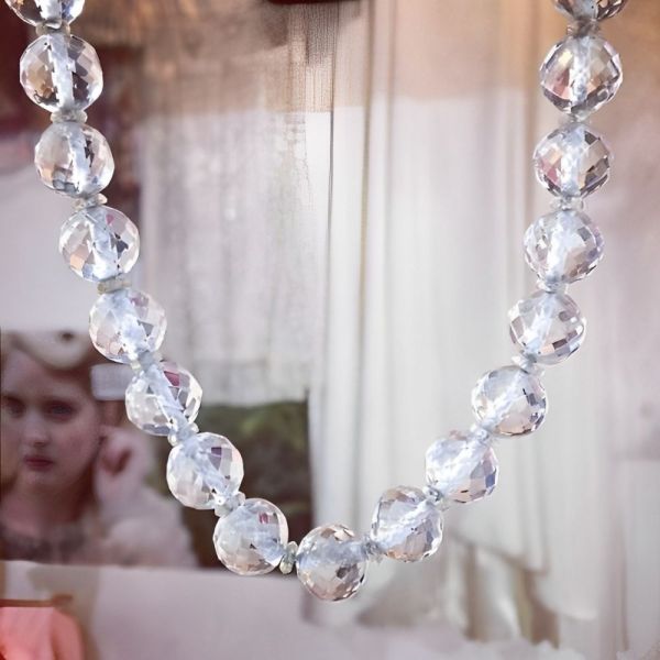 Art Deco Clear Beehive Crystal Bead Necklace Sterling Clasp Arabella Bianco