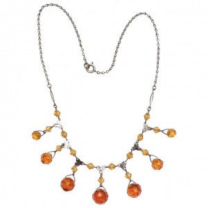 Art Deco Czech Silver Plated and Amber Glass Drop Necklace