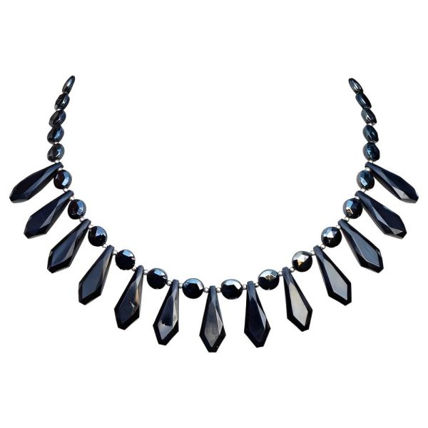 Art Deco French Jet Black and Dark Grey Glass Drop Fringe Necklace