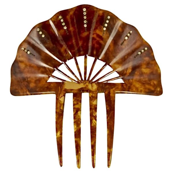Art Deco Faux Tortoiseshell Fan Rhinestone Hair Comb