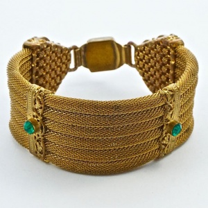 Art Deco Gold Plated Mesh Bracelet Green Jewels circa 1920s