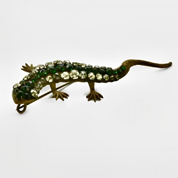 Art Deco Green and Clear Paste Stone Lizard Brooch circa 1920s