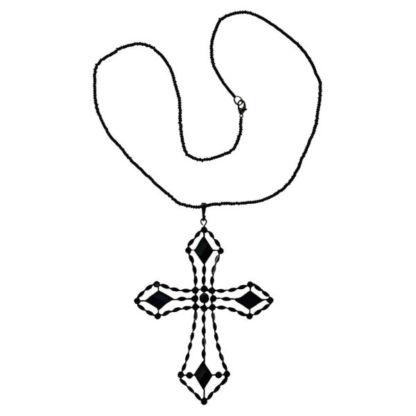 Art Deco Large French Jet Cross Pendant and Glass Bead Necklace