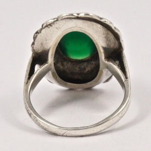 Art Deco Large Silver Marcasite Green Stone Ring circa 1930s