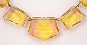 Art Deco Necklace with Pink and Yellow Glass on Gold Tone Wire