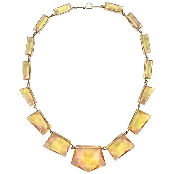 Art Deco Necklace with Pink and Yellow Glass on Gold Tone Wire