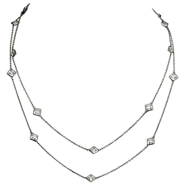 Art Deco Platinon Necklace with Square Bezel Set Clear Crystals