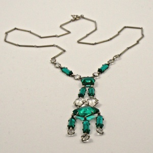 Art Deco Platinon Necklace with Sea Green and Clear Crystals