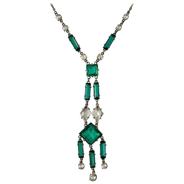 Art Deco Platinon Necklace with Sea Green and Clear Crystals