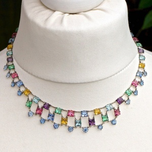 Art Deco Platinon Harlequin Crystal Link Necklace circa 1920s