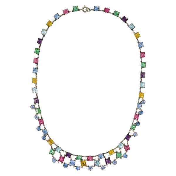 Art Deco Platinon Harlequin Crystal Link Necklace circa 1920s