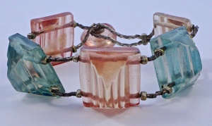 Art Deco Pink and Blue Beads Bracelet with Silver Tone Chain