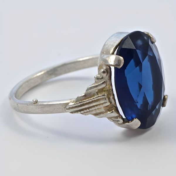 Art Deco Silver Plated Ring with an Oval Blue Glass Stone