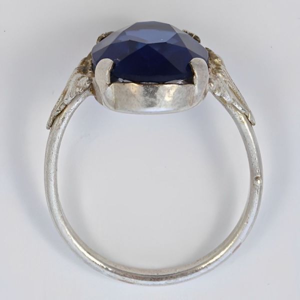 Art Deco Silver Plated Ring with an Oval Blue Glass Stone