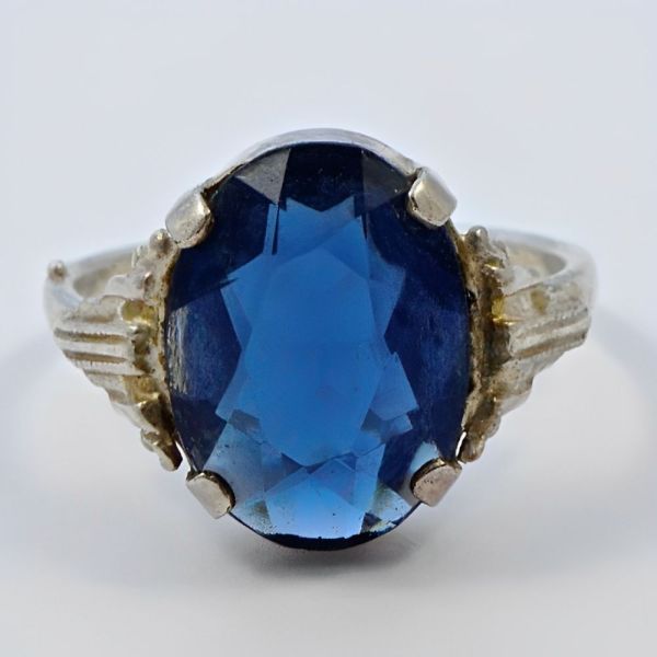 Art Deco Silver Plated Ring with an Oval Blue Glass Stone