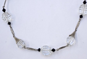 Art Deco Silver Tone Necklace Faceted Clear and Black Beads