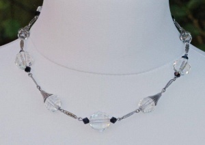 Art Deco Silver Tone Necklace Faceted Clear and Black Beads