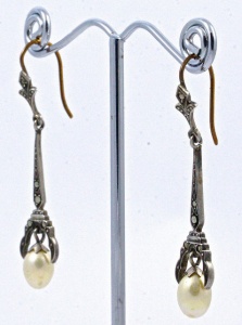Art Deco Silver and Marcasite Faux Pearl Drop Earrings