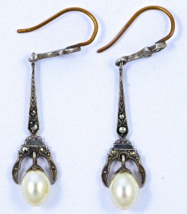 Art Deco Silver and Marcasite Faux Pearl Drop Earrings