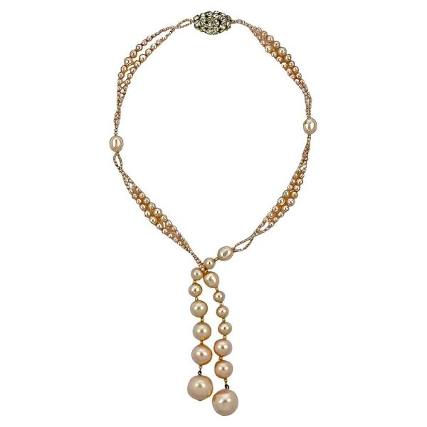 Art Deco Small Pale Pink Pearl and Rhinestone Sautoir Necklace