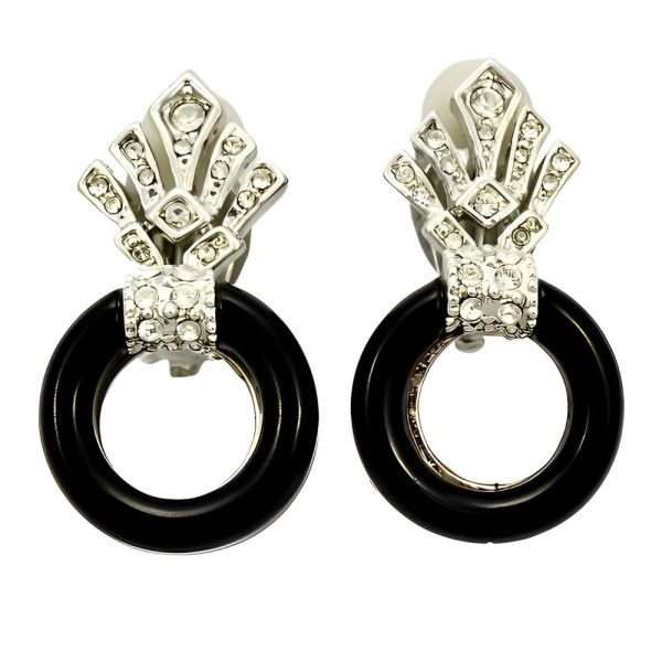 Art Deco Style Silver Plated Black Hoop and Rhinestone Earrings