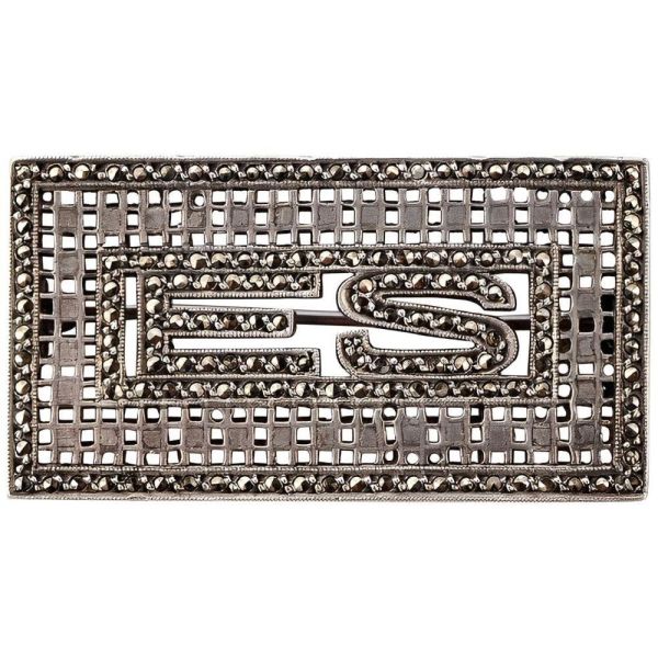 Austrian Art Deco Sterling Silver and Marcasite Initials ES Brooch