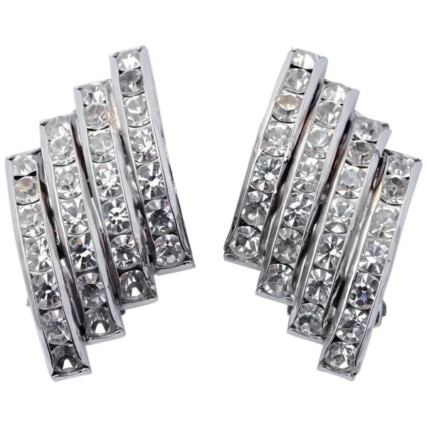 Butler Wilson Silver Tone and Crystals Clip On Earrings