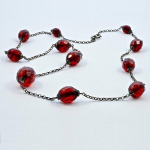 Cherry Red Bakelite Bead Necklace on Sterling Silver Chain