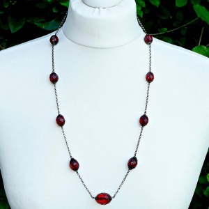 Cherry Red Bakelite Bead Necklace on Sterling Silver Chain