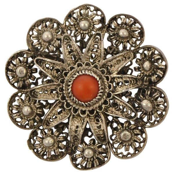 Chinese Export Silver Filigree Cannetille Coral Brooch circa 1930s Arabella Bianco