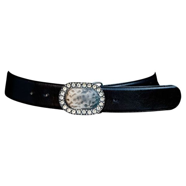 Clara Perri Black Leather Belt with Oval Crystal Silver Tone Buckle
