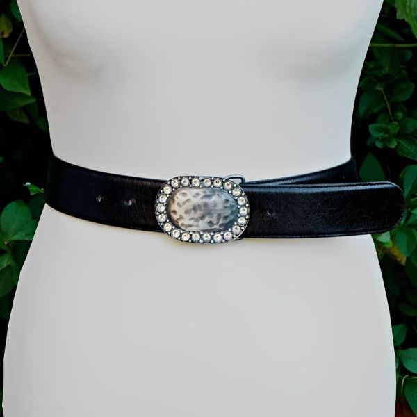 Clara Perri Black Leather Belt with Oval Crystal Silver Tone Buckle