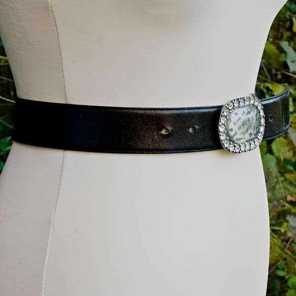 Clara Perri Black Leather Belt with Oval Crystal Silver Tone Buckle