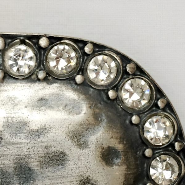 Clara Perri Black Leather Belt with Oval Crystal Silver Tone Buckle