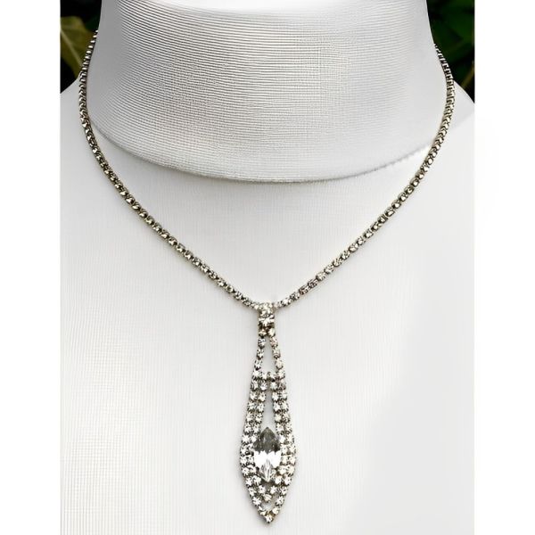 Silver Tone Diamante Drop Pendant Necklace circa 1950s