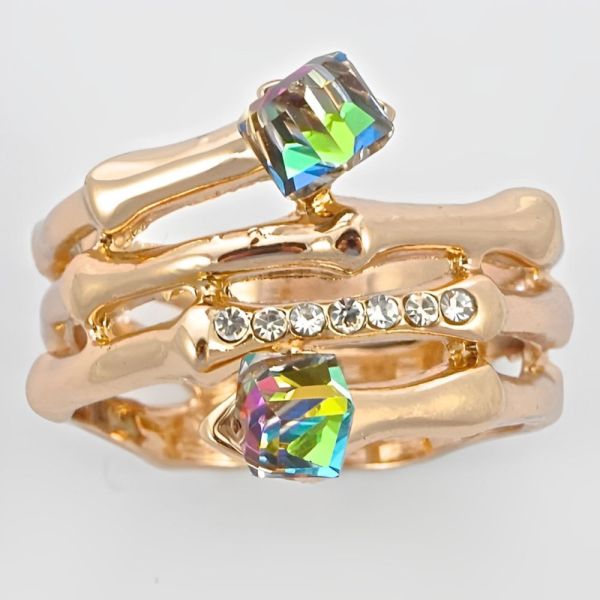 Copper Tone Ring with Aurora Borealis Cubes and Diamantes