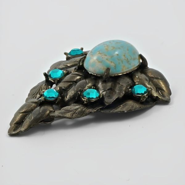 Czech Faux Turquoise Sea Green Rhinestone Leaf Dress Clip