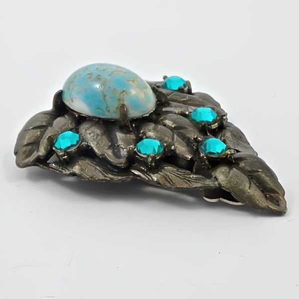 Czech Faux Turquoise Sea Green Rhinestone Leaf Dress Clip
