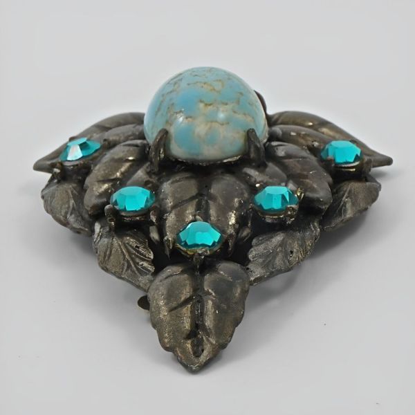 Czech Faux Turquoise Sea Green Rhinestone Leaf Dress Clip