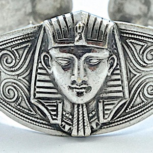 Egyptian Revival Silver Bangle with Pharaoh Head and Elephants