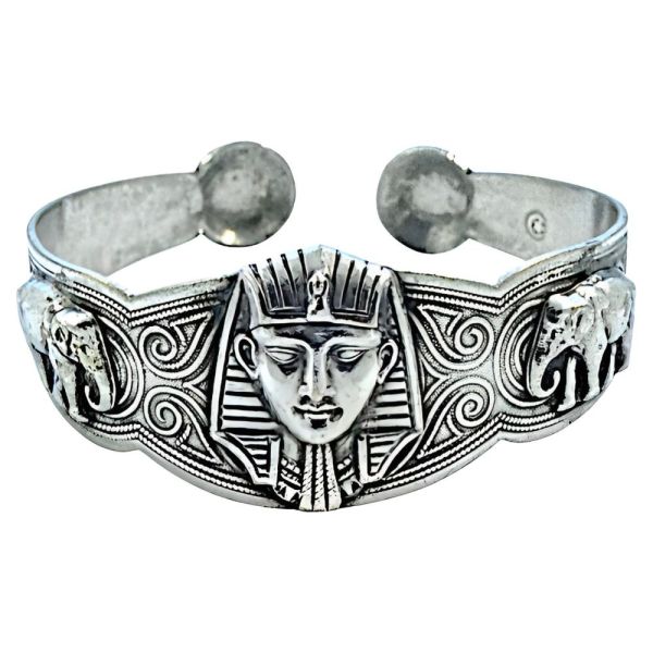 Egyptian Revival Silver Bangle with Pharaoh Head and Elephants
