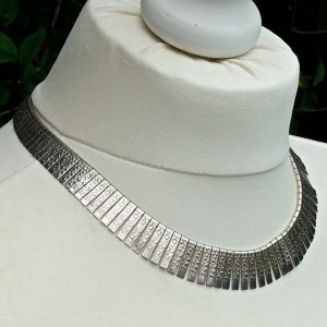 Silver Tone Egyptian Style Embossed Collar Necklace circa 1970s