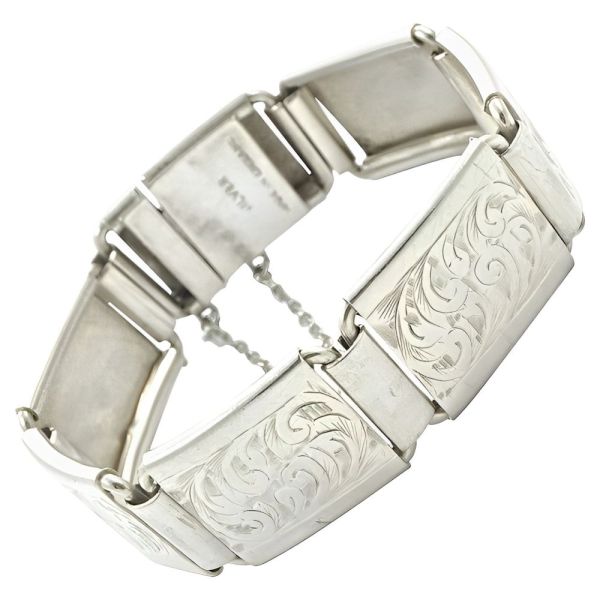 English Silver Hand Engraved Scroll Panel Link Bracelet circa 1960s